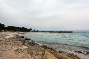 Beautiful scenery by the sea in Vourvourou, Sithonia, Chalkidiki, Greece