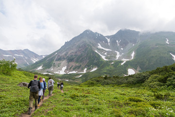 Fototapeta premium Vachkazhets mountain range, Kamchatka Peninsula, Russia. These are the remains of an ancient volcano, divided as a result of a strong eruption into several parts. Regional monument of nature.