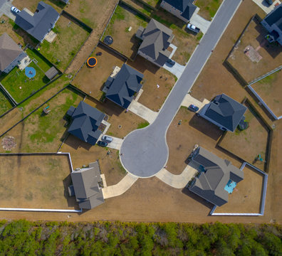 Top Down Aerial View of Homes on a Suburban Cul de Sac