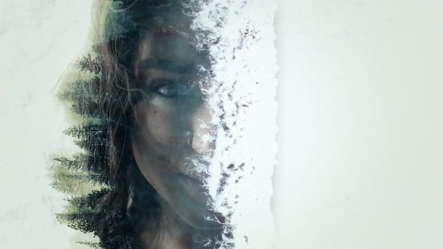 Double Exposure. Girl Face With Picture Of Forest.