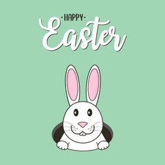 Fototapeta premium Happy Easter text lettering with Easter bunny looks out of the hole - hunts eggs. Typography graphics for card, poster, banners. Vector illustration.
