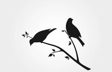 birds on branch with leaves black silhouette. spring nature design element