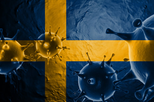 3D ILLUSTRATION VIRUS WITH Sweden FLAG, CORONAVIRUS, Flu coronavirus floating, micro view, pandemic virus infection, asian flu.