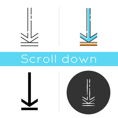 Down arrow, upload icon. Page browsing direction. Website pointer. Downloading process. Scrolldown interface directional button. Linear black and RGB color styles. Isolated vector illustrations