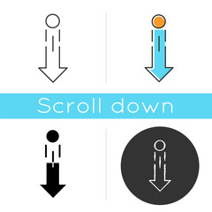 Down arrow and circle icon. Vertical scrolling gesture for touch screen. Scrolldown indicator. Downloading process, web cursor. Linear black and RGB color styles. Isolated vector illustrations