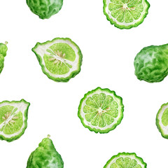 Bergamot fruit hand drawn watercolor illustration. Seamless pattern.