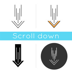 Down arrow icon. Scrolldown interface navigational button. Swipe down gesture. Way direction indicator. Downloading process, cursor. Linear black and RGB color styles. Isolated vector illustrations