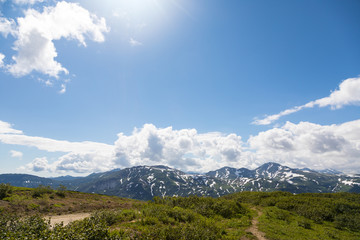 Naklejka premium Vilyuchinsky Pass, Kamchatka Peninsula, Russia. It is located at an altitude of about 1000 meters above sea level overlooking the Vilyuchinsky volcano.