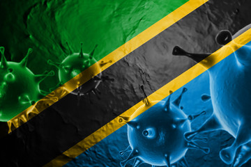 3D ILLUSTRATION VIRUS WITH Tanzania FLAG, CORONAVIRUS, Flu coronavirus floating, micro view, pandemic virus infection, asian flu.