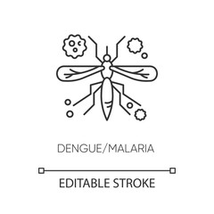 Dengue, malaria pixel perfect linear icon. Thin line customizable illustration. Tropical infectious disease, mosquito borne illness contour symbol. Vector isolated outline drawing. Editable stroke