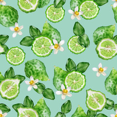 Bergamot fruit hand drawn watercolor illustration. Seamless pattern.