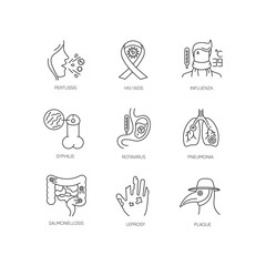 Infectious illnesses pixel perfect linear icons set. Various bacterial infections and contagious diseases customizable thin line contour symbols. Isolated vector outline illustrations. Editable stroke