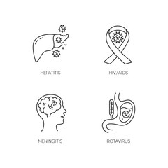 Dangerous illnesses pixel perfect linear icons set. HIV, AIDS, meningitis, rotavirus and hepatitis customizable thin line contour symbols. Isolated vector outline illustrations. Editable stroke