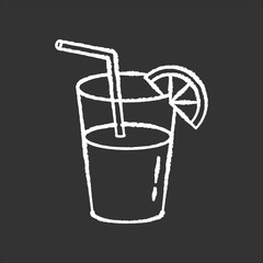 Long drink, cocktail chalk white icon on black background. Night club, bar, drinking establishment. Alcohol beverage with straw and lemon slice isolated vector chalkboard illustration