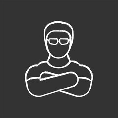 Nightclub security guard chalk white icon on black background. Night club face control. Bouncer with crossed arms, strong bodyguard in sunglasses isolated vector chalkboard illustration