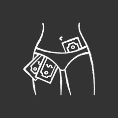 Striptease show chalk white icon on black background. Strip club, adult entertainment, sexy dancing. Female dancer, stripper with money in panties isolated vector chalkboard illustration