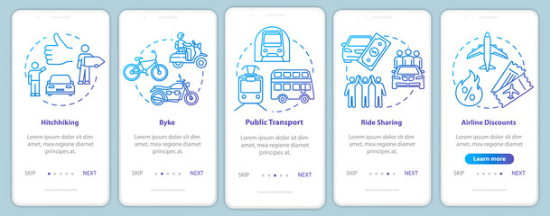 Naklejka premium Transportation onboarding mobile app page screen with concepts. Tickets sale. Night bus. Budget travel walkthrough five steps graphic instructions. UI vector template with RGB color illustrations