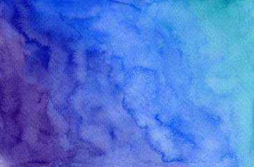 Fototapeta na wymiar Vertical watercolor gradient from purple to blue cyan background, wash technique. Abstract night sky watercolour textured concept for banner, greeting cards design, hand drawn texture