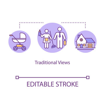 Traditional Views Concept Icon. Social Gender Roles Stereotypes. Male And Female Inequality And Differences Idea Thin Line Illustration. Vector Isolated Outline RGB Color Drawing. Editable Stroke