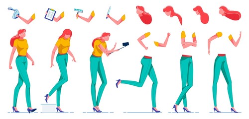Cartoon Girl Constructor with Objects in Hands.