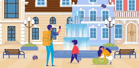 Backpacking Family Taking Photos Historical Sights