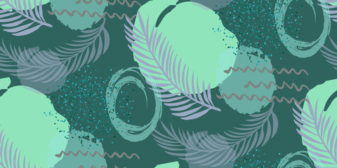 Modèle sans couture abstrait avec cercle de tirage à la main, points. Motif moderne rose, vert et or. Illustration vectorielle avec des feuilles de palmier.