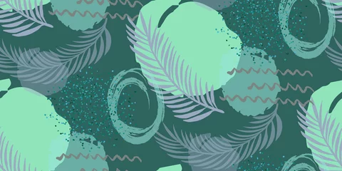 Papier peint Polka dot Modèle sans couture abstrait avec cercle de tirage à la main, points. Motif moderne rose, vert et or. Illustration vectorielle avec des feuilles de palmier.
