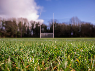 Grass on a pitch in focus, Irish national sport goalpost out of focus in the background. Concept football, rugby, hurling and camogie training. - obrazy, fototapety, plakaty
