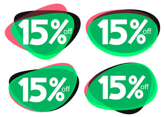 Set Sale 15% off bubble banners, discount tags design template, vector illustration