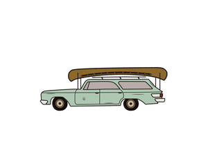 Vintage hand drawn camp car. Retro transportation with canoe. Old style automobile. Perfect for T-Shirt, travel mugs and otjer outdoor adventure apparel, clothing prints. Stock isolated