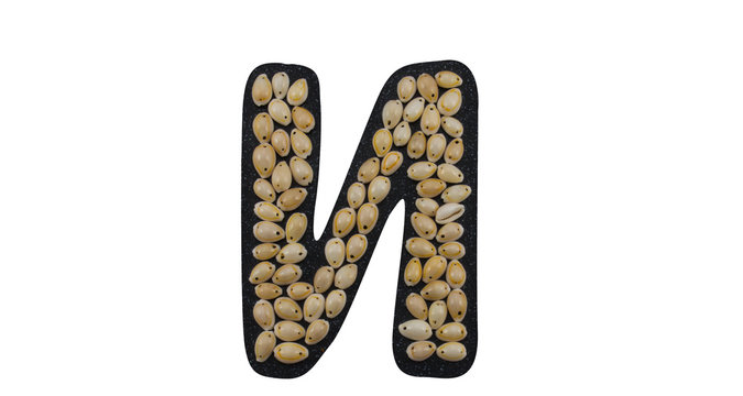 Isolated Font Russian Letter и  made of seashell on black granite on white background