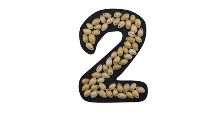 Isolated Font number 2 made of seashell on black granite on white background