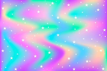 Holographic unicorn background with magic stars. Vector.