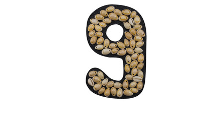 Isolated Font number 9 made of seashell on black granite on white background