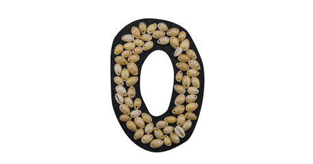 Isolated Font number 0 made of seashell on black granite on white background
