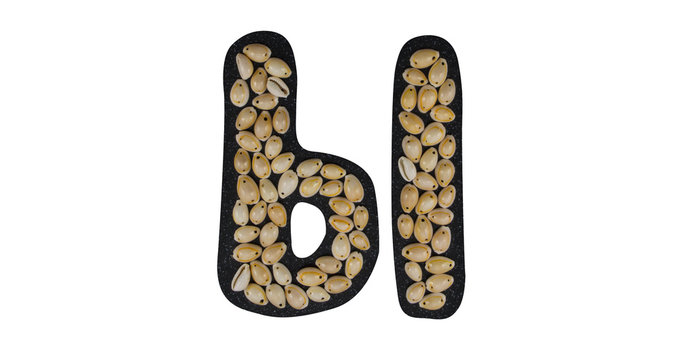 Isolated Font Russian Letter Ы made of seashell on black granite on white background