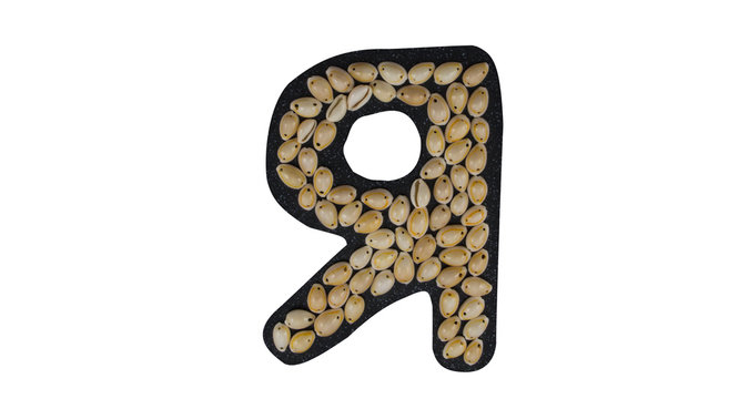 Isolated Font Russian Letter Я made of seashell on black granite on white background
