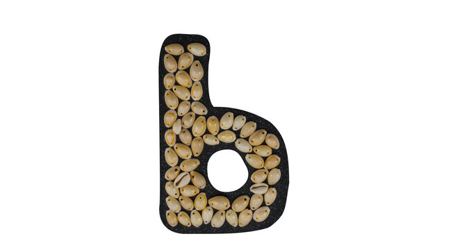 Isolated Font Russian Letter Ь made of seashell on black granite on white background
