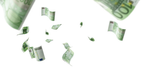 Euro coin falling banknotes. European money on white isolation background.
