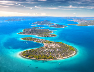 Aerial view of beautiful small islands in Adriatic sea at sunny day in summer in Croatia. Top view...