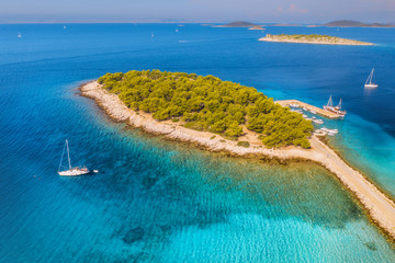 Aerial view of beutiful small island in sea bay at sunny day in summer in Murter, Croatia. Top view...