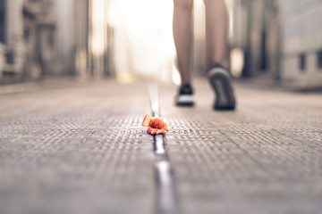 Red flower on the floor and foots walking away