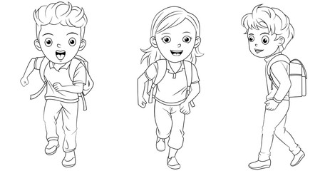 Collection of cartoon student going to school used for coloring book