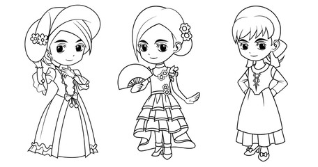 Collection of cartoon girl wearing england spanish and italian costume used for coloring book