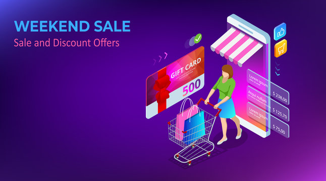 Weekend Sale and Discount Offers. Online shopping. Seasonal Sale with Discount Coupons. Isometric Smart phone online shopping concept. Online store, shopping cart icon.