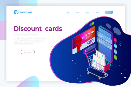 Weekend Sale and Discount Offers. Online shopping. Seasonal Sale with Discount Coupons. Isometric Smart phone online shopping concept. Online store, shopping cart icon.