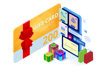 Weekend Sale and Discount Offers. Online shopping. Seasonal Sale with Discount Coupons. Isometric Smart phone online shopping concept. Online store, shopping cart icon.