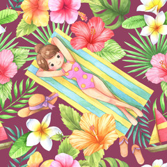 Seamless pattern with Sunbathing woman, beach hat, shoes, sailboat, hibiscus, plumeria and tropical leaves. watercolor illustration. Perfect for wallpaper, pattern, texture and packaging design.