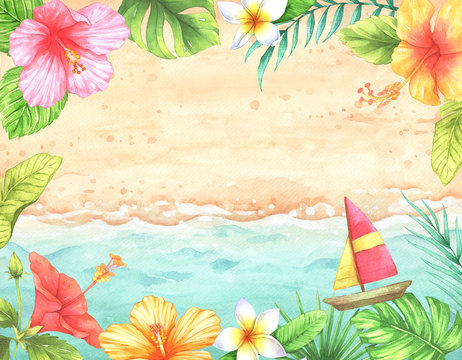 summer on the beach theme frame border. Hibiscus, plumeria, tropical leaves, and sailboat. Beach view background. watercolor illustration. Design for postcards and banner, cards, print, etc.