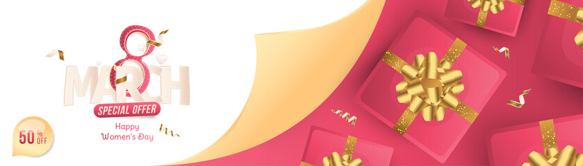 8 March International women's day. Super Sale with 50% special offer. Long Greeting card with shining glitter, gold ribbon and sign eight. Flat vector illustration EPS10